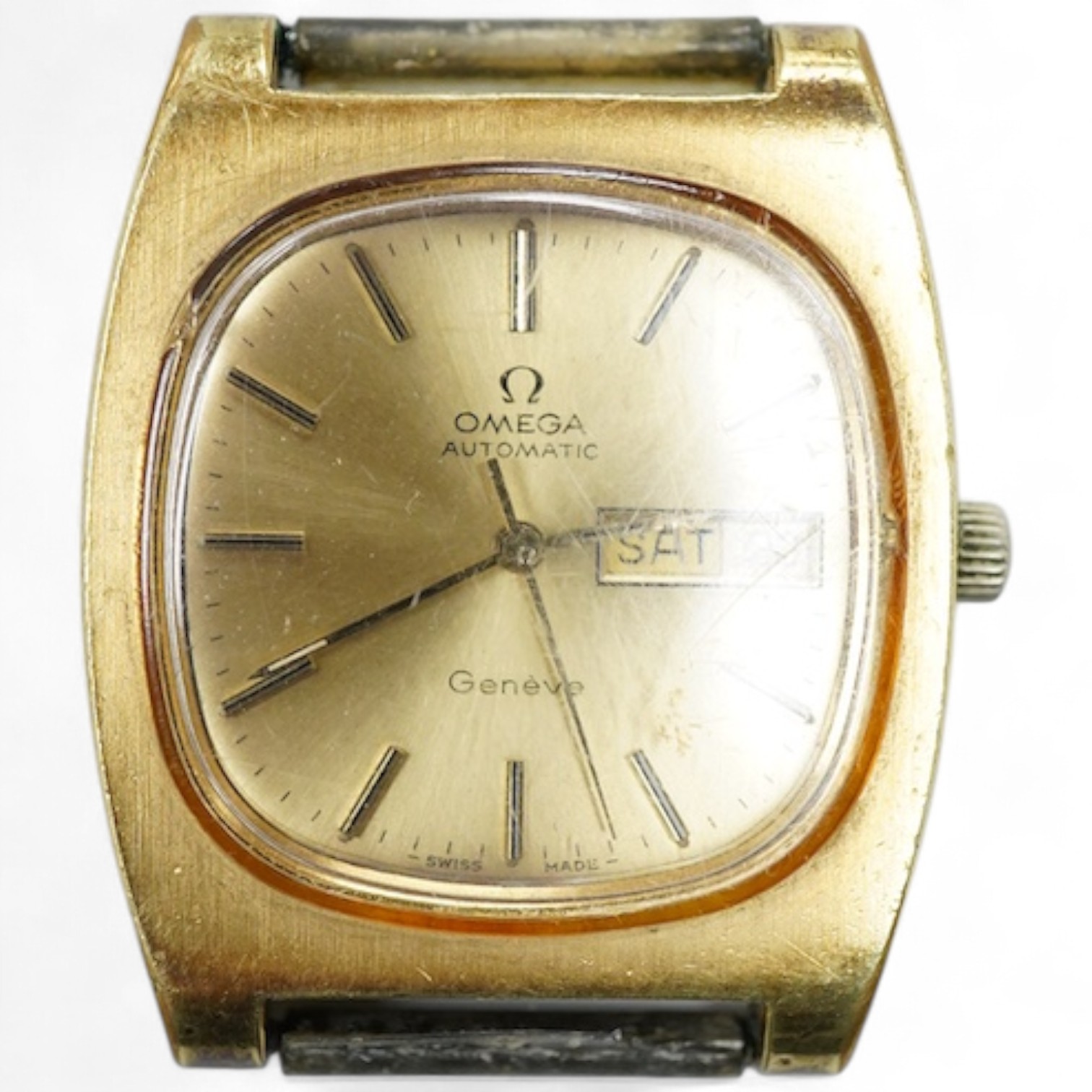 A gentleman's mid 1970's steel and gold plated Omega automatic day/date wrist watch, movement c.1022, case diameter 37mm, no strap, box or papers.